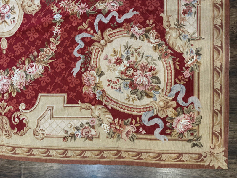 Aubusson Rug 8x11, Needlepoint Carpet, Red Ivory Beige, Vintage, French European Design by Jewel Rugs