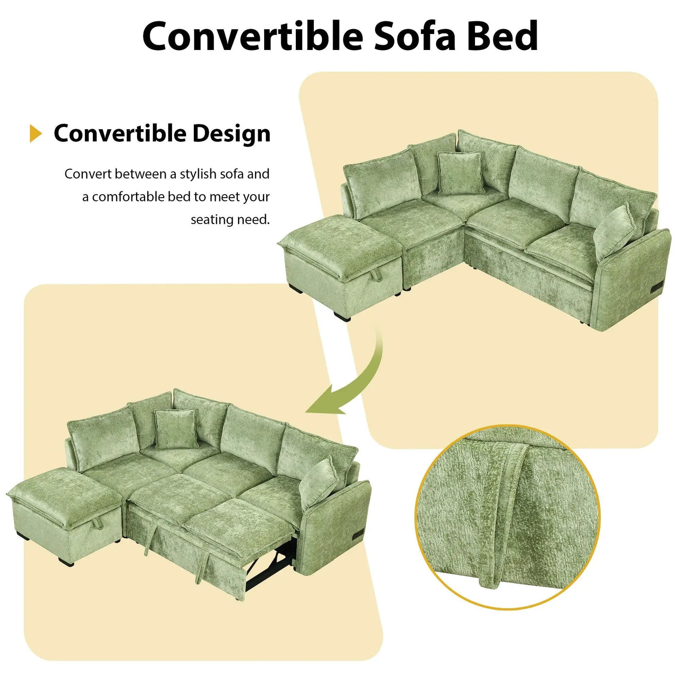 Convertible Sofa Bed Sectional Sofa Sleeper L-Shaped Sofa With A Storage Ottoman, Two Pillows, Two Power Sockets And Two USB Ports For Living Room by Unique Piece Furniture