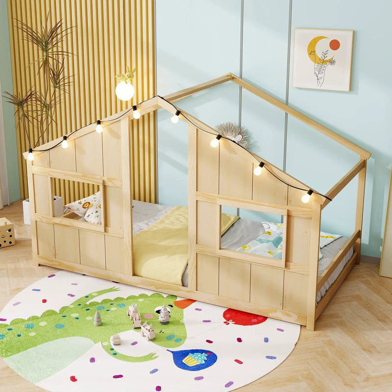 Twin Size House Bed with LED Lights Montessori Slat-free Floor Bed by DirectDeals