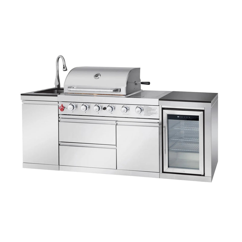 85.2" 4+1 Burner 71500 BTU Silver Outdoor Kitchen Island Grill + Sink + Refrigerator by Chery Industrial