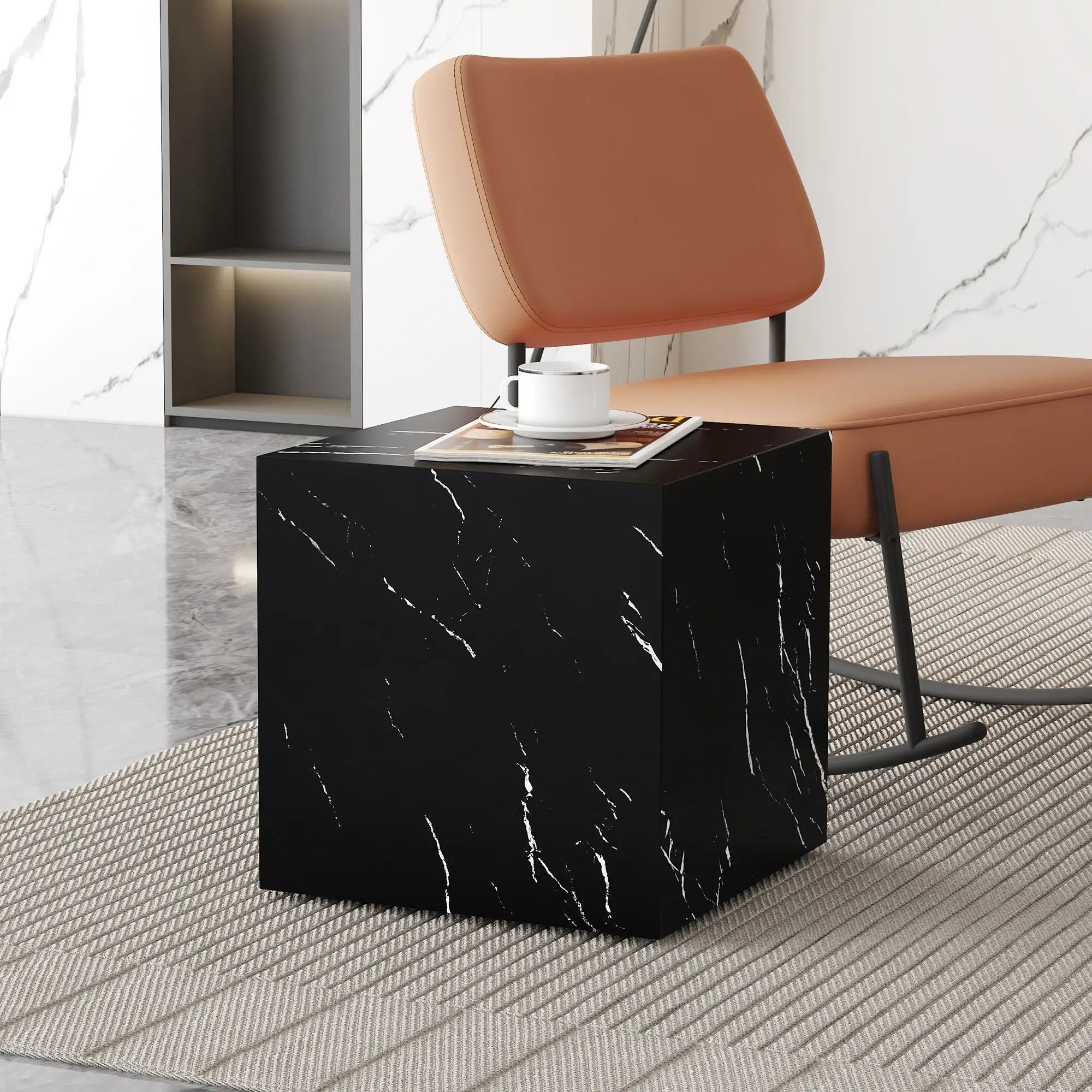 Luxurious Marble Texture Coffee Table Cube Design Elegant Living Room Accent - Black by Unique Piece Furniture
