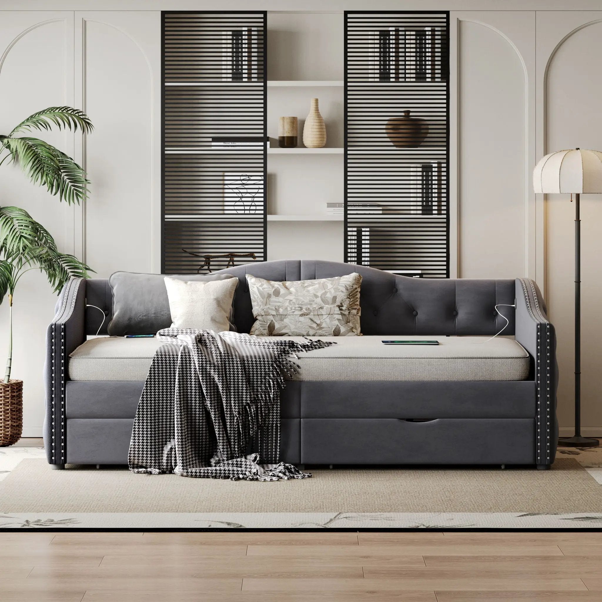 Full Size Bed Frame, Upholstered Cloud Bed Frame With Headboard, 2 Storage Drawers And 2 USB Charging Design, No Box Spring Needed - Gray by Unique Piece Furniture