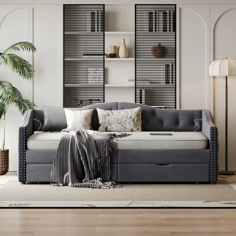 Full Size Bed Frame, Upholstered Cloud Bed Frame With Headboard, 2 Storage Drawers And 2 USB Charging Design, No Box Spring Needed - Gray by Unique Piece Furniture