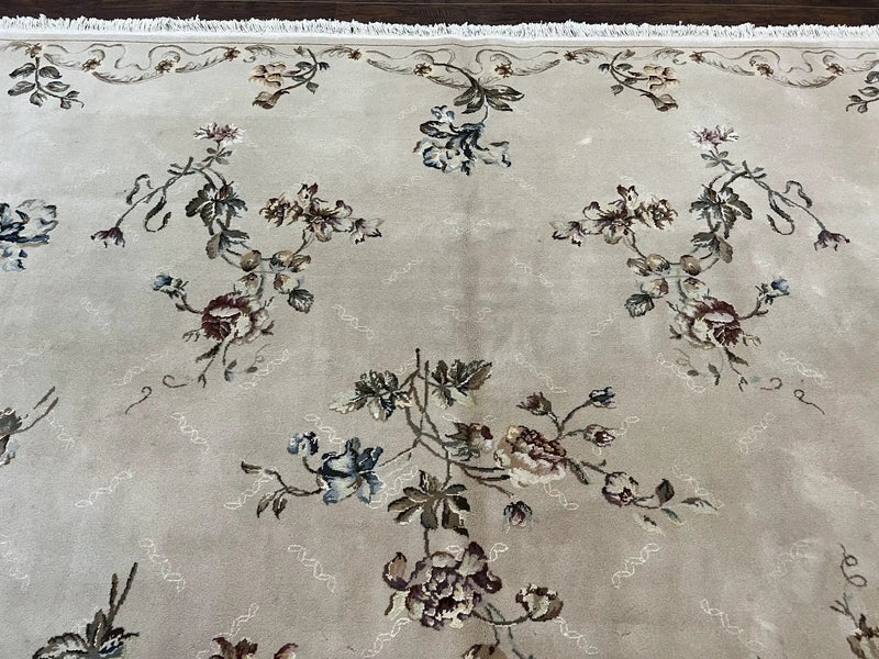 Chinese 120 Line Rug 8x10, Chinese Aubusson Wool & Silk Highlights Handmade Vintage Carpet, Beige Fine Weave Rug, Floral European Design by Jewel Rugs