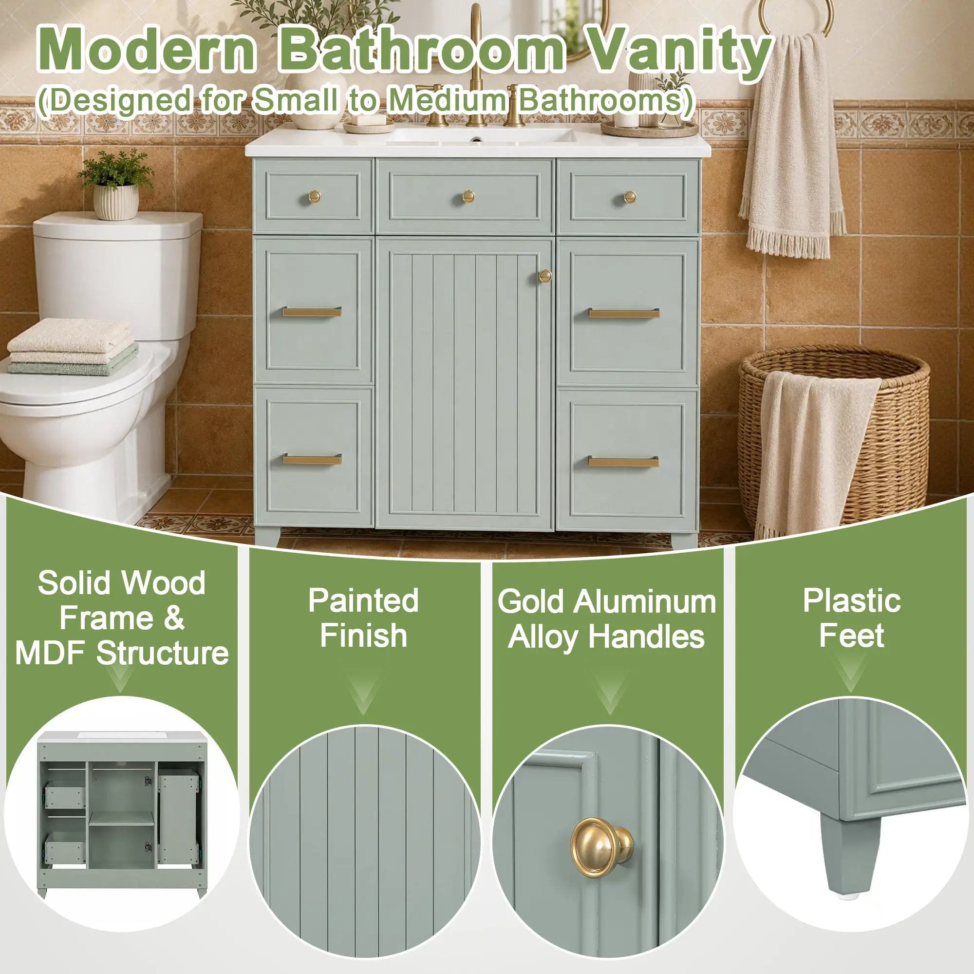 36" Green Bathroom Vanity with Ceramic Sink by HouseOfZazla