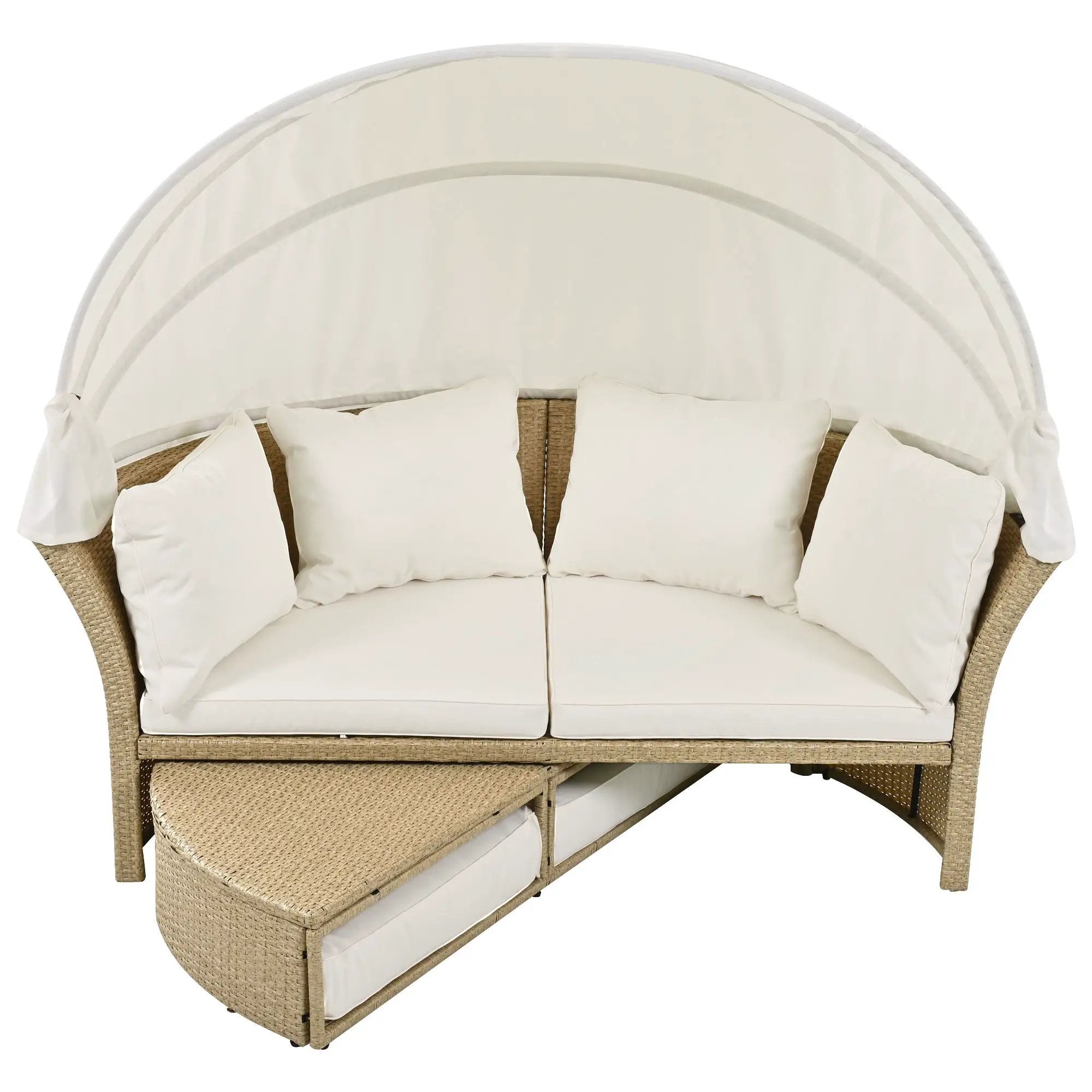 Outdoor Patio Daybed Wicker Rattan Double Daybed Round Sofa Furniture Set With Retractable Canopy, 4 Pillows For Lawn Garden by HouseOfZazla