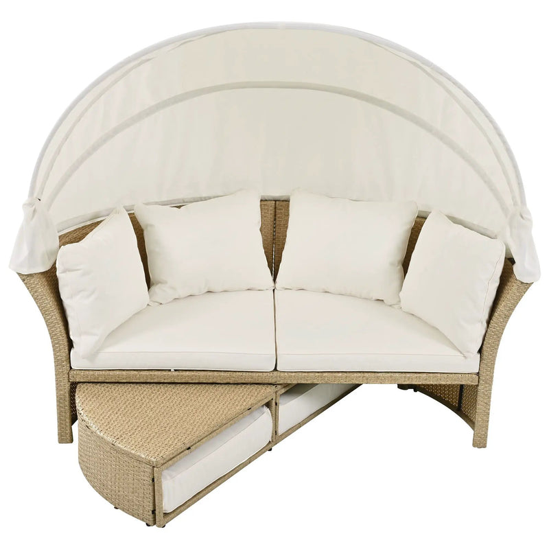 Outdoor Patio Daybed Wicker Rattan Double Daybed Round Sofa Furniture Set With Retractable Canopy, 4 Pillows For Lawn Garden by HouseOfZazla