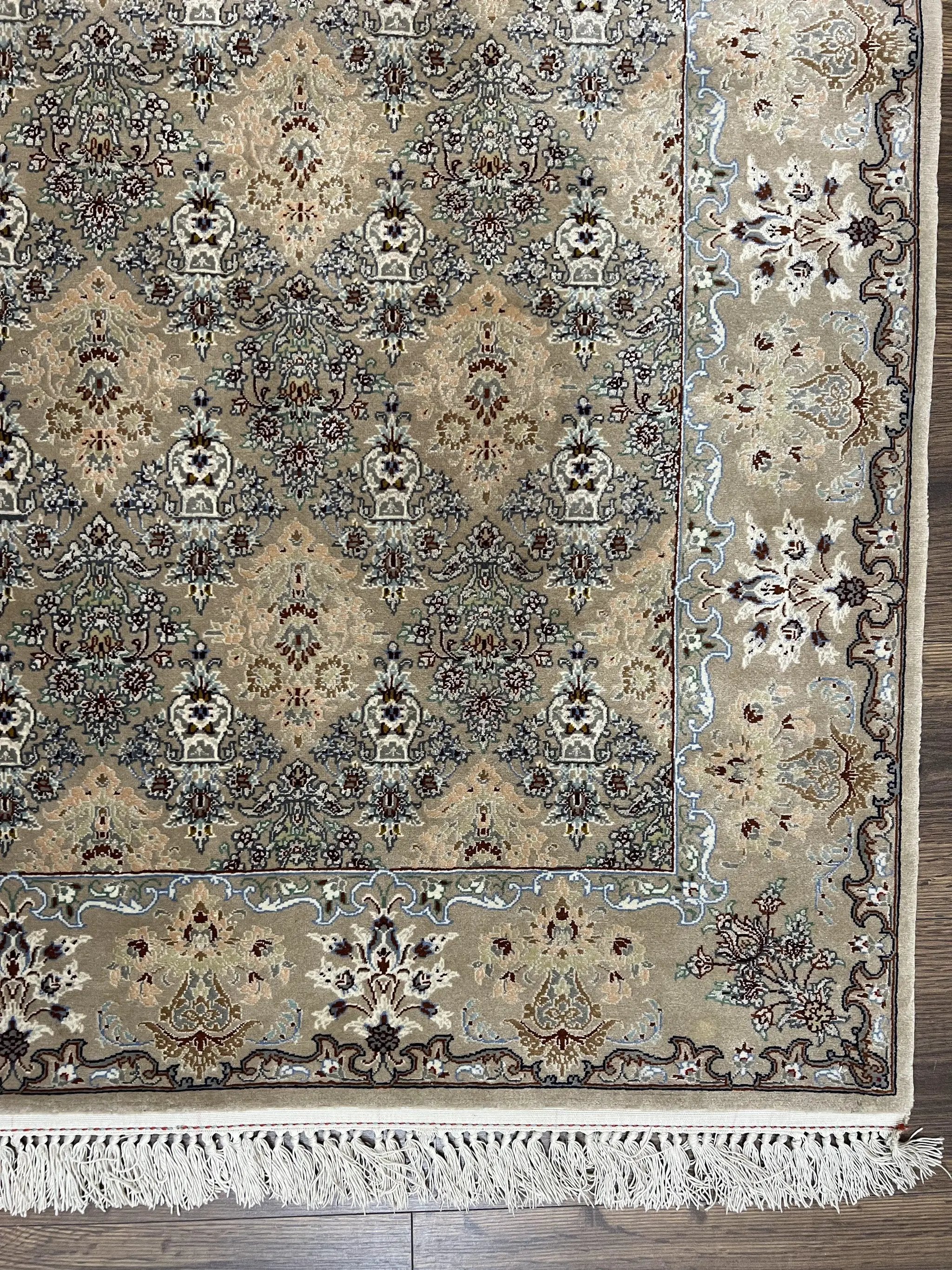 Super Fine Persian Isfahan Rug 3x5 ft, Kork Wool on Silk Foundation, Repeated Floral Motif, Taupe Tan Hand Knotted Oriental Carpet 3 x 5 ft, Signed by Jewel Rugs
