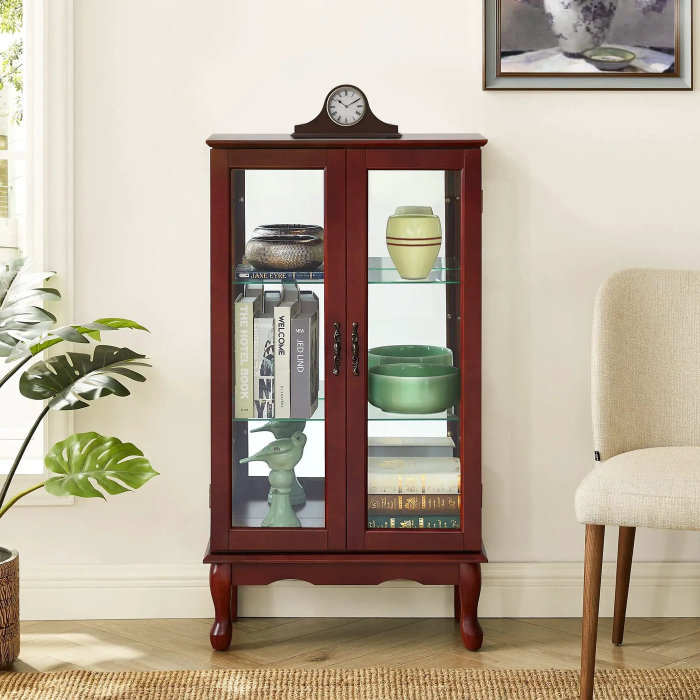 Curio Cabinet Lighted Curio Diapaly Cabinet With Adjustable Shelves And Mirrored Back Panel, Tempered Glass Doors (3 Tier), (E26 Light Bulb Not Included) by Unique Piece Furniture