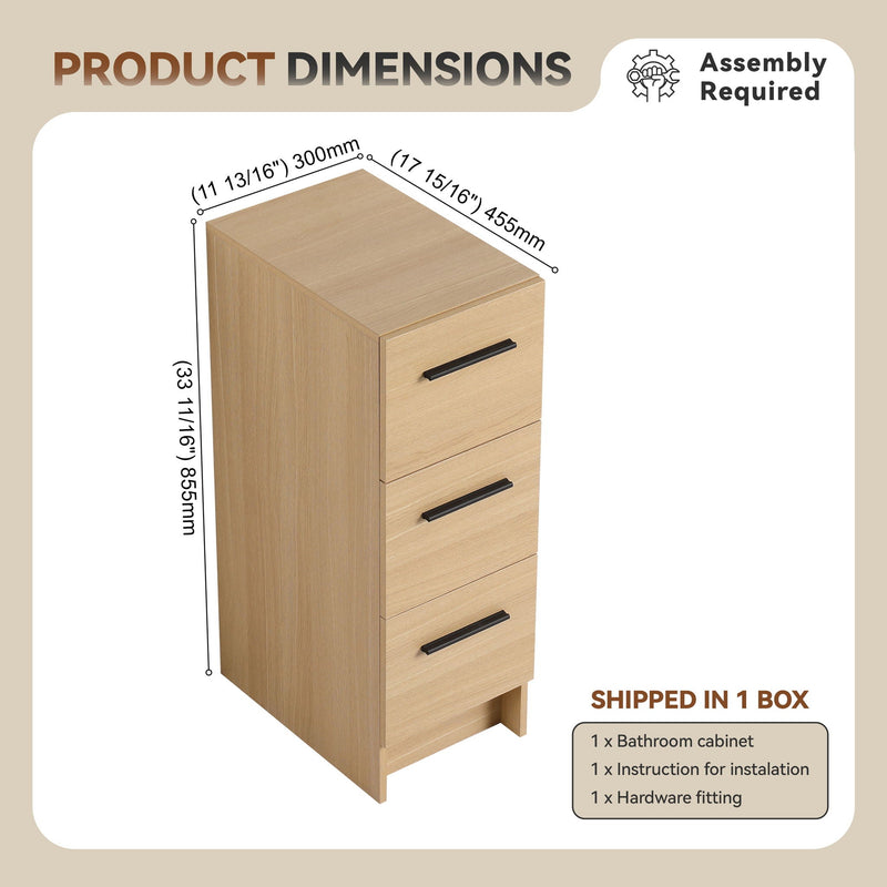 Slim Freestanding Bathroom Storage Cabinet, 3 Drawers - Light Oak by HouseOfZazla