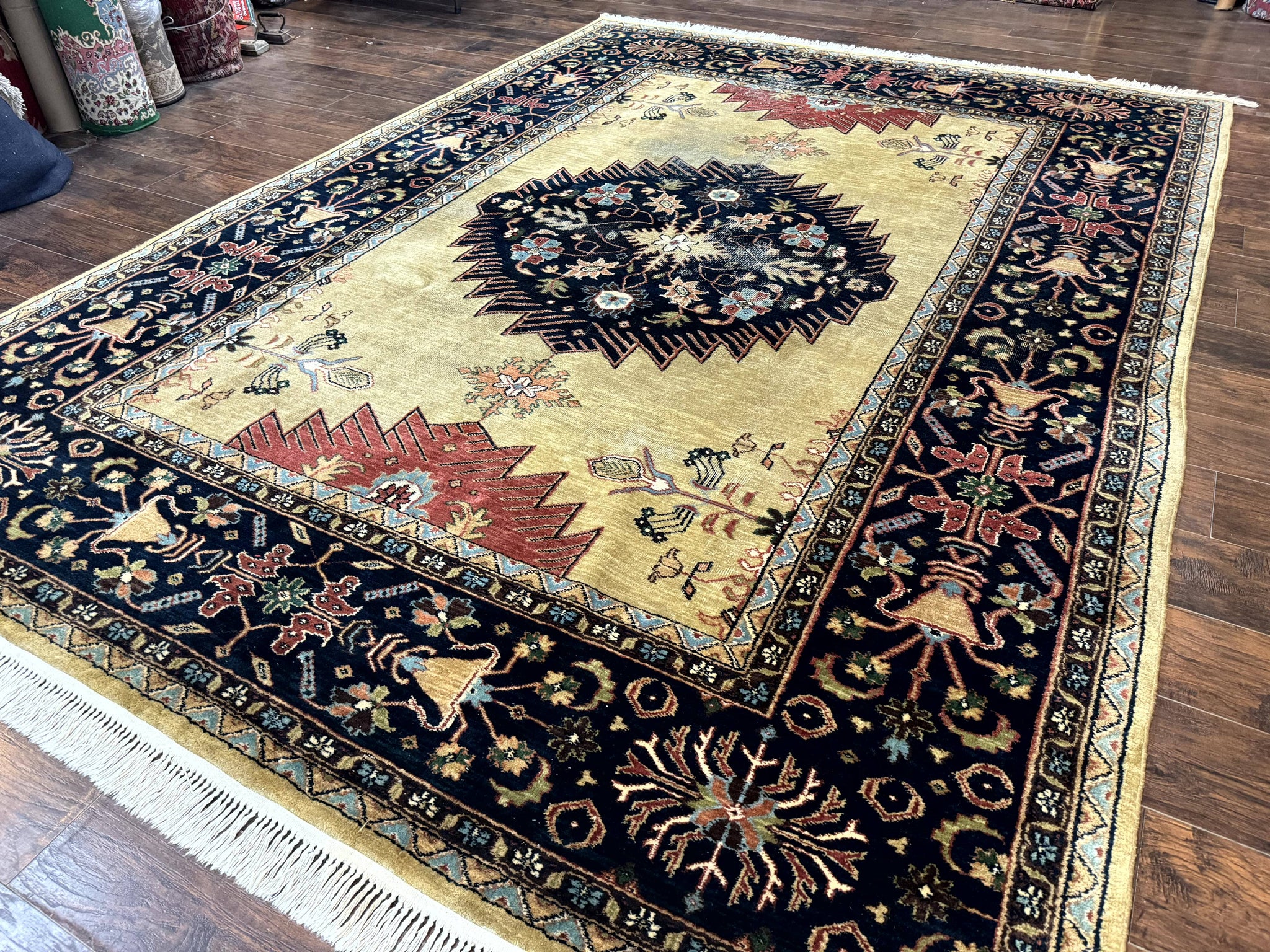 Indo Persian Heriz Rug 8x12, Camel Hair Tan and Navy Blue, Decorative by Jewel Rugs