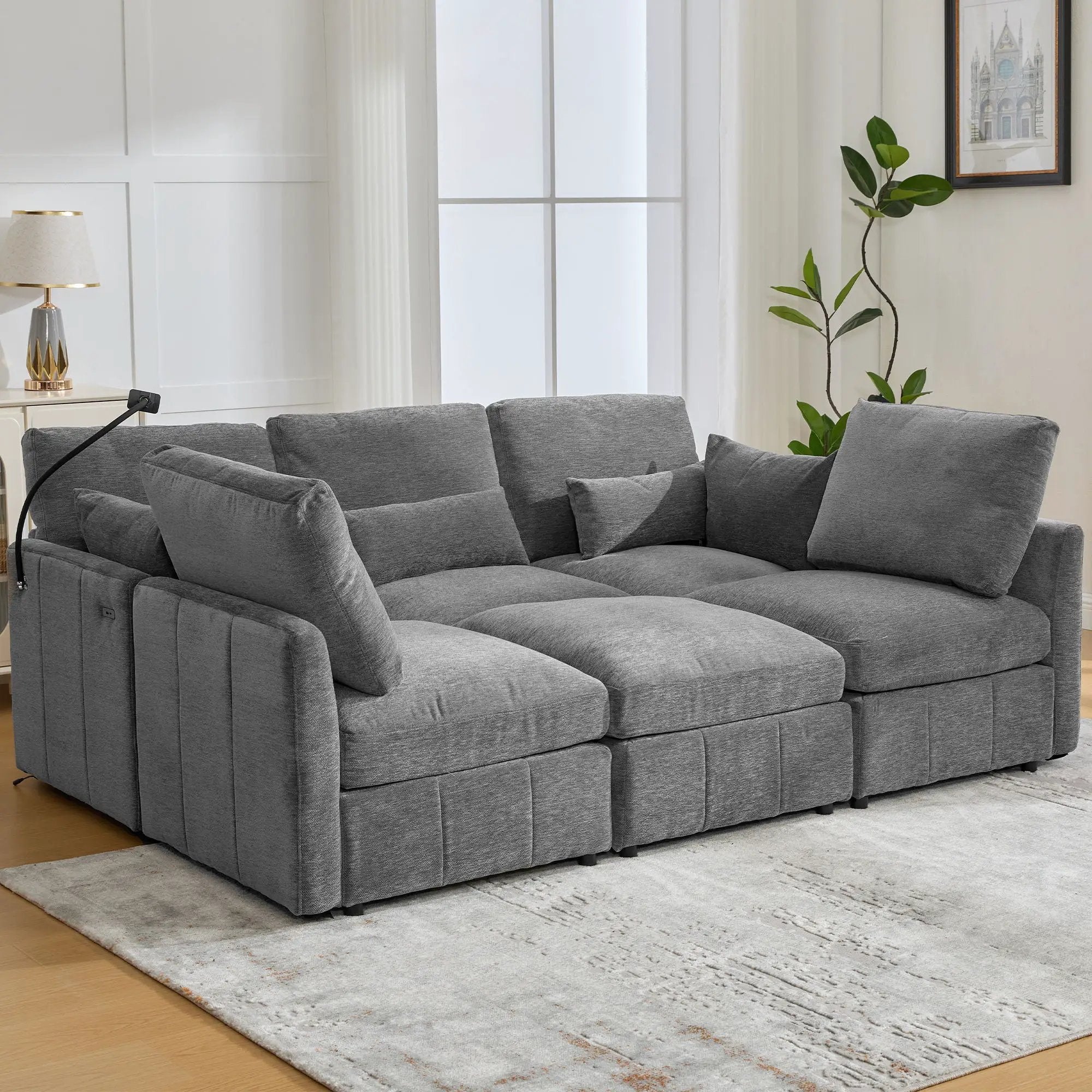 Modern Modular U-Shaped Sofa Bed With Movable Ottoman, USB Ports, Phone Holder by HouseOfZazla