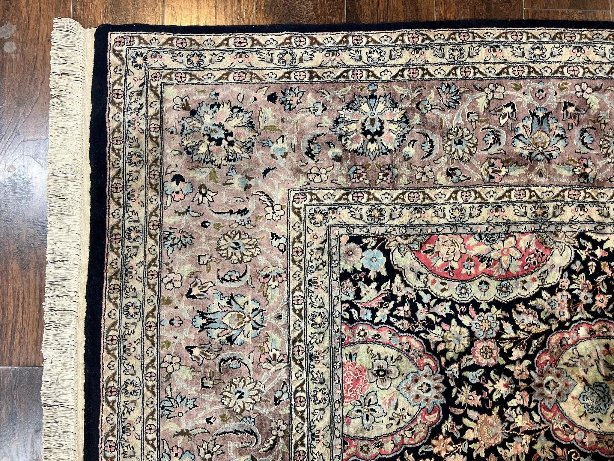 Sino Persian Rug 9x12, Navy Blue and Pink Hand Knotted Wool and Silk Highlights Vintage Oriental Carpet, Handmade Floral Area Rug 9 x 12 ft by Jewel Rugs