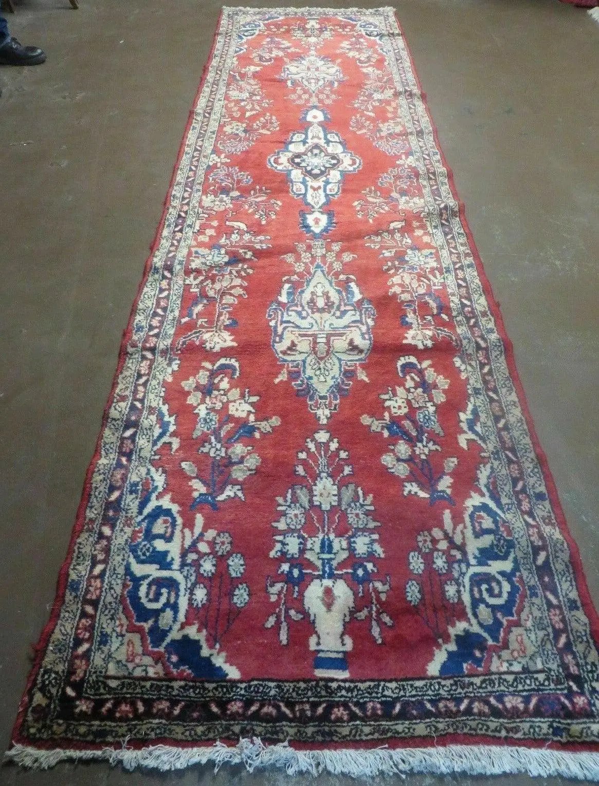 Persian Runner Rug 3 x 12, Antique Wool Oriental Runner, Floral Vases, Red & Navy Blue by Jewel Rugs