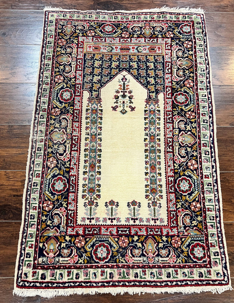 Turkish Prayer Rug 2.5 x 4, Vintage Wool Hand Knotted Carpet, Ivory by Jewel Rugs