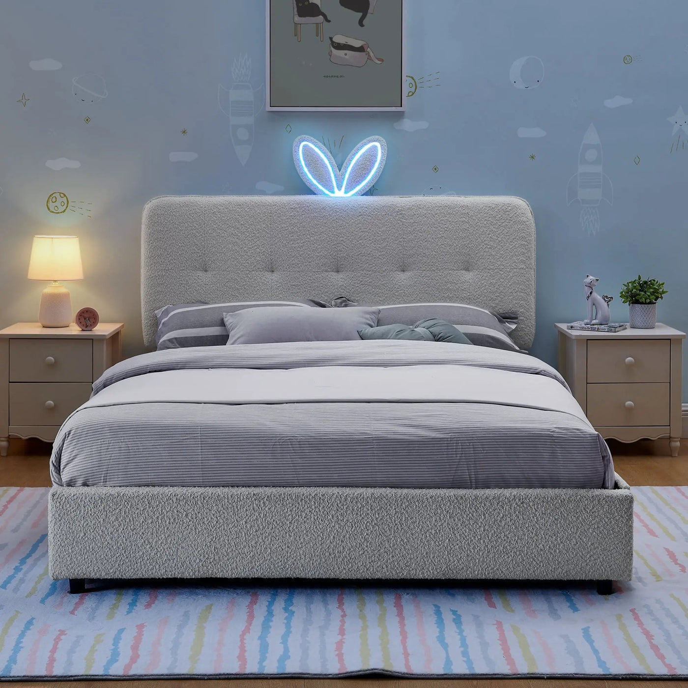 Upholstered Bed With Oversized Rabbit Ear Headboard, LED Lights & 4 Storage Drawers by Unique Piece Furniture