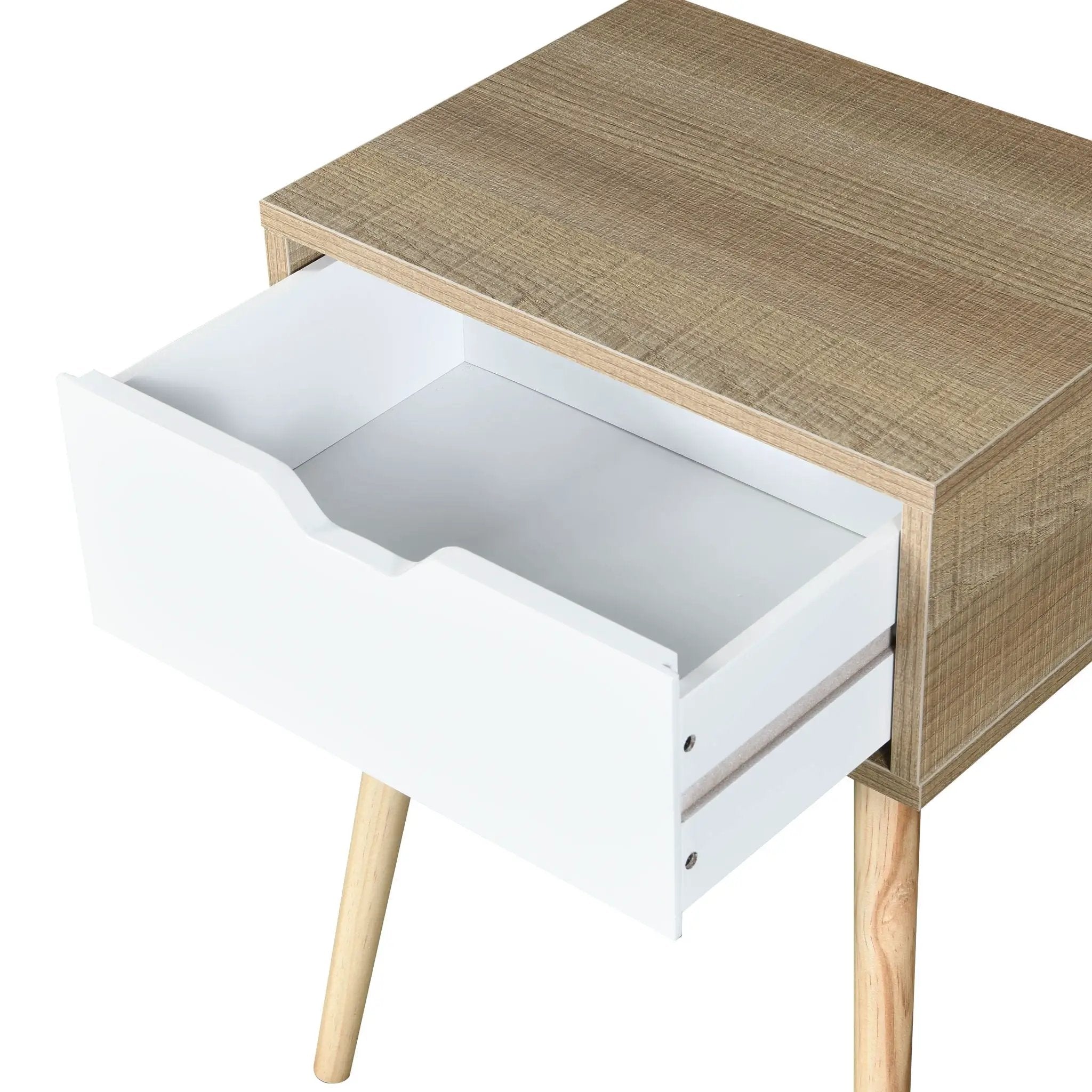 Side Table With 1 Drawer, Mid-Century Modern Storage Cabinet For Bedroom - White / Wood by HouseOfZazla