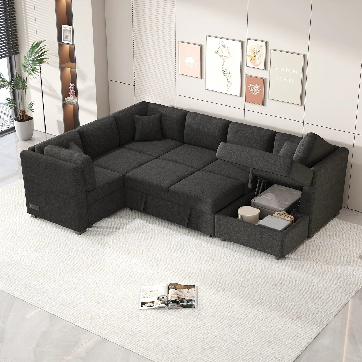 U-Shaped Sectional Sofa Pull Out Sofa Bed With Two USB Ports, Two Power Sockets, Three Back Pillows And A Storage Chaise For Living Room by Unique Piece Furniture