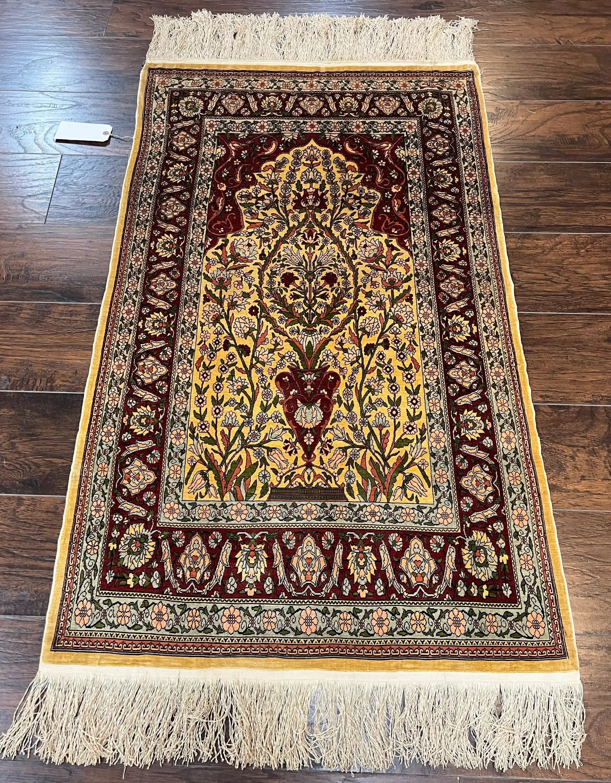 Wonderful Silk Turkish Hereke Prayer Rug 2.8 x 4.5, Tree of Life Design, Signature from Master Weaver, Gold and Burgundy, Handmade, 625 KPSI by Jewel Rugs