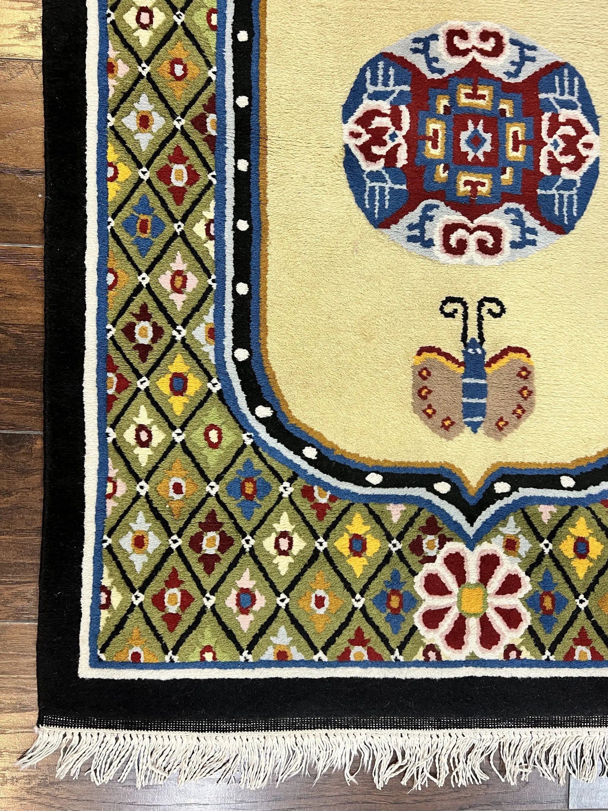 Chinese Rug 3x6 ft, Chinese Wool Rug, Tiensin Rug, Handmade Wool 3 x 6 Vintage Peking Rug, Art Deco Rug, Butterflies by Jewel Rugs