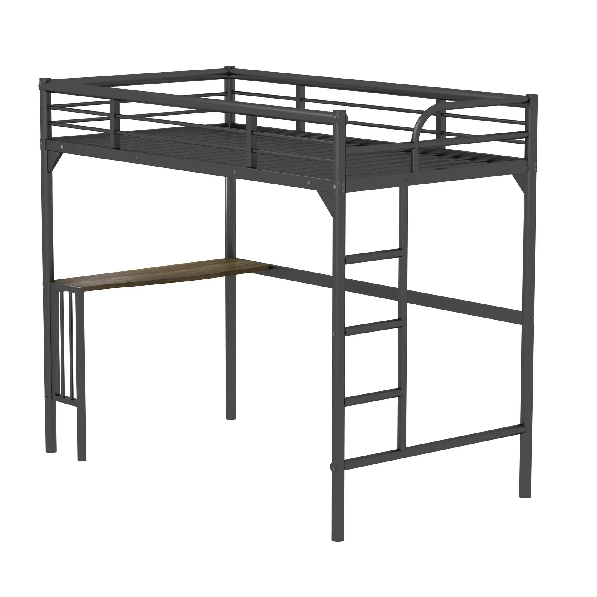 Twin Metal Loft Bed With Desk, Ladder And Guardrails, Bookdesk Under Bed - Black by HouseOfZazla