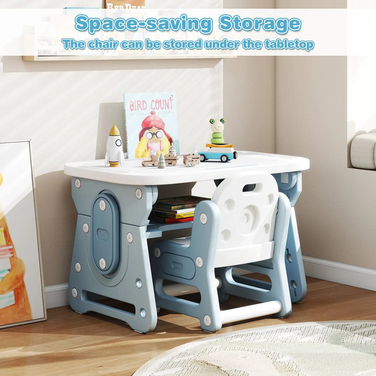 Height Adjustable Kids Table and Chair Set with Tiltable Whiteboard and Concave Shelf, photo 15 of 16