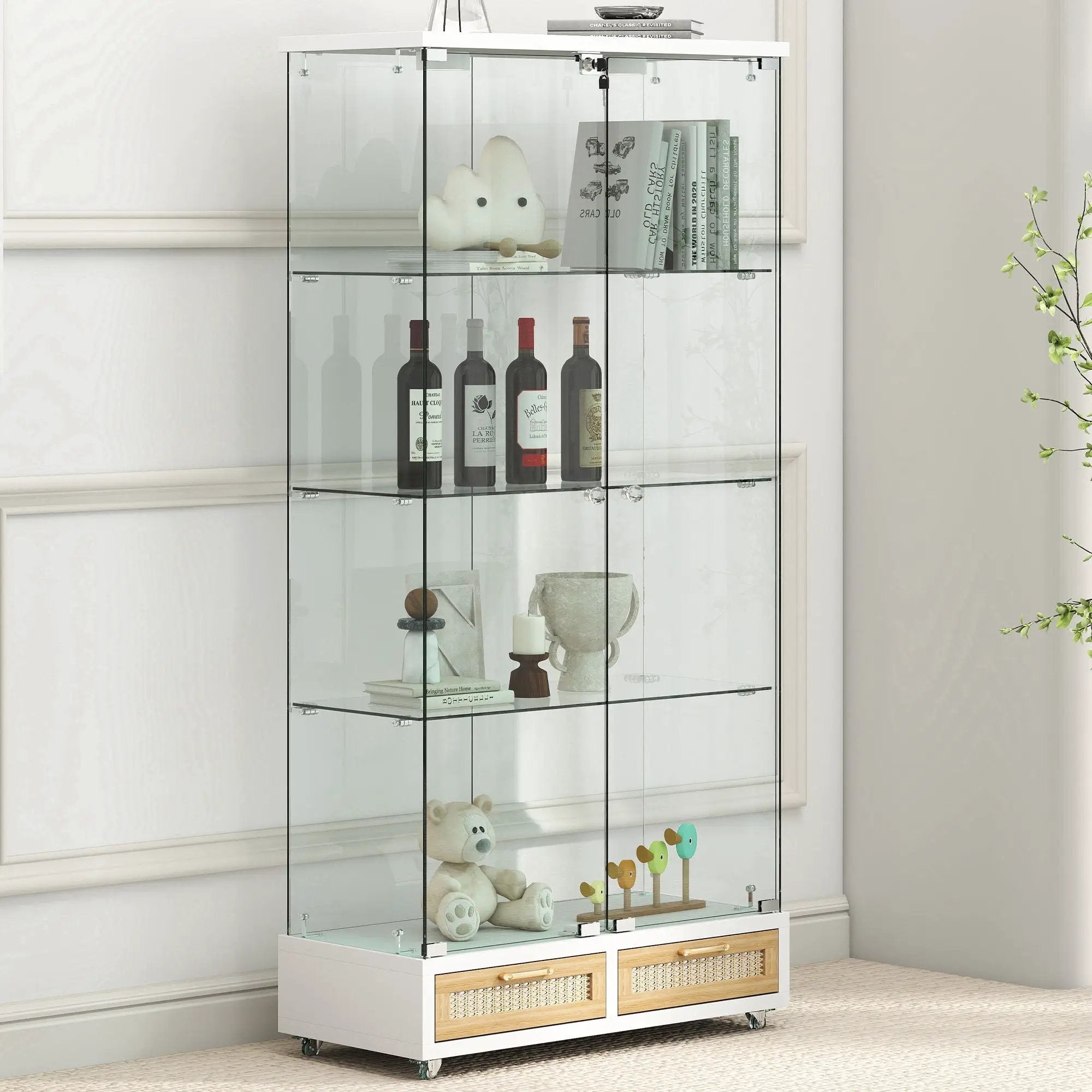 Glass Display Cabinet With LED Lights, Tempered Glass Doors, Large Drawers, 2 Door Storage Case With 4 Shelves - Natural / White by HouseOfZazla