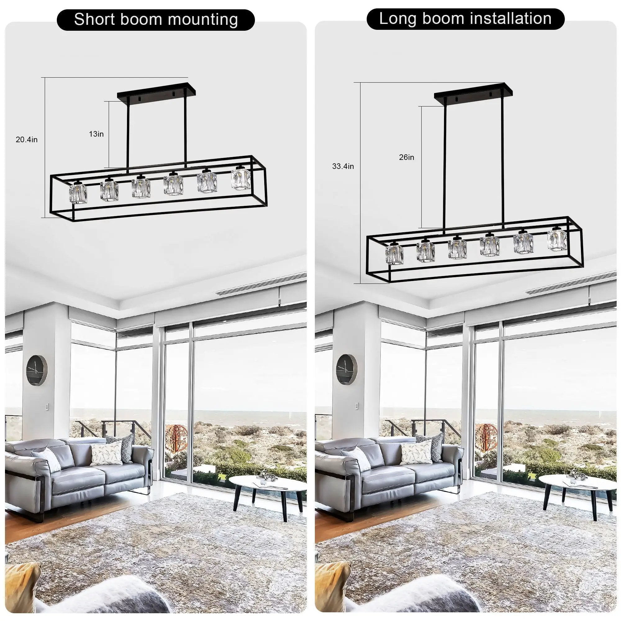 6 Light Farmhouse Chandelier, Modern Industrial Linear Rectangular Crystal Pendant Light Cage Chandelier For Dining Room, Kitchen Island, Bar, Long Table, G9*6 Bulbs Included - Matte Black by Unique Piece Furniture
