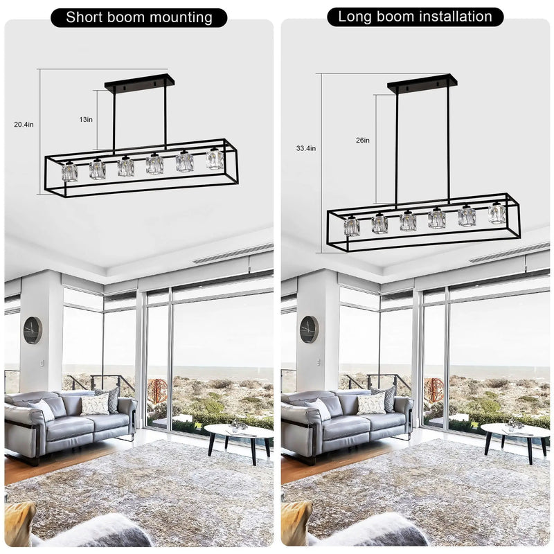 6 Light Farmhouse Chandelier, Modern Industrial Linear Rectangular Crystal Pendant Light Cage Chandelier For Dining Room, Kitchen Island, Bar, Long Table, G9*6 Bulbs Included - Matte Black by HouseOfZazla