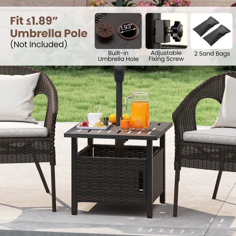 Outdoor Side Table with 1.93" Umbrella Hole All-Weather PE Wicker Patio Umbrella Table-Brown by DirectDeals