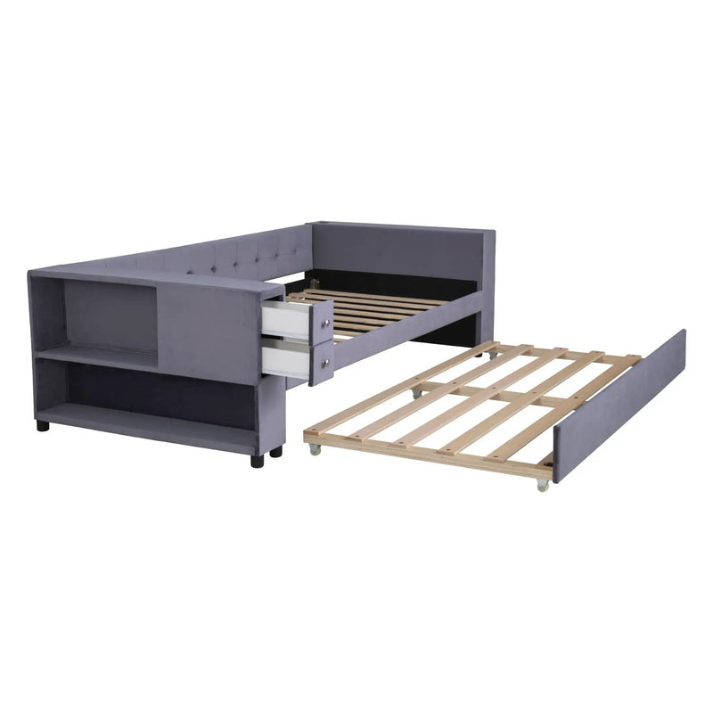 Upholstered Bed With Storage And Twin Trundle, USB Charging Ports by HouseOfZazla