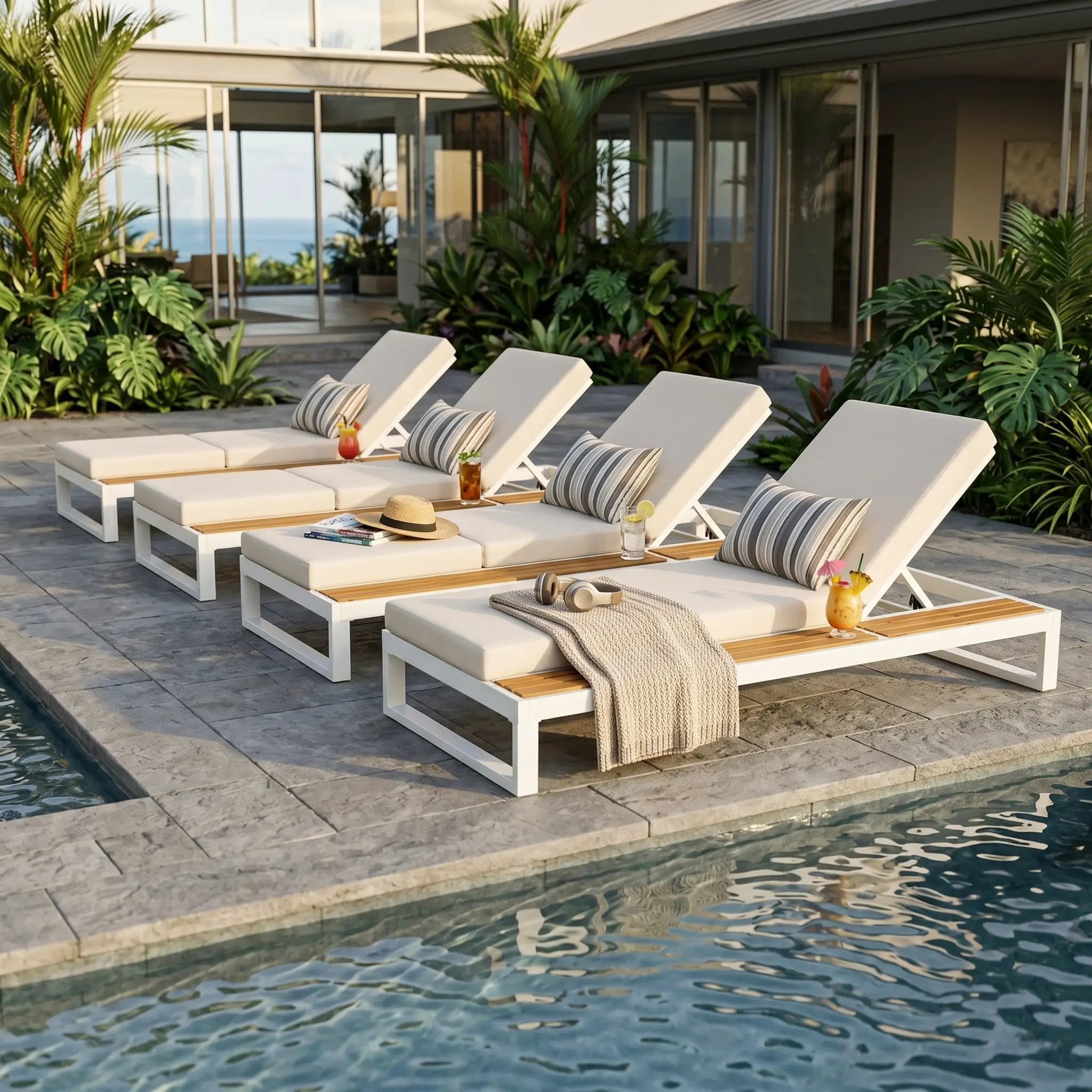 White Iron & Teak Finish Chaise Lounge Set by HouseOfZazla