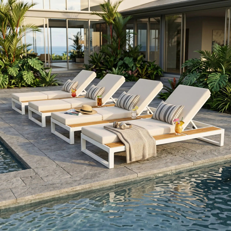 White Iron & Teak Finish Chaise Lounge Set by HouseOfZazla