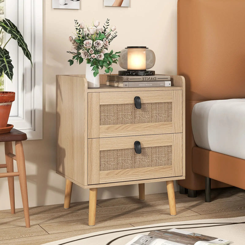 Modern End Table Bedside Table with 2 Rattan Decorated Drawers by DirectDeals