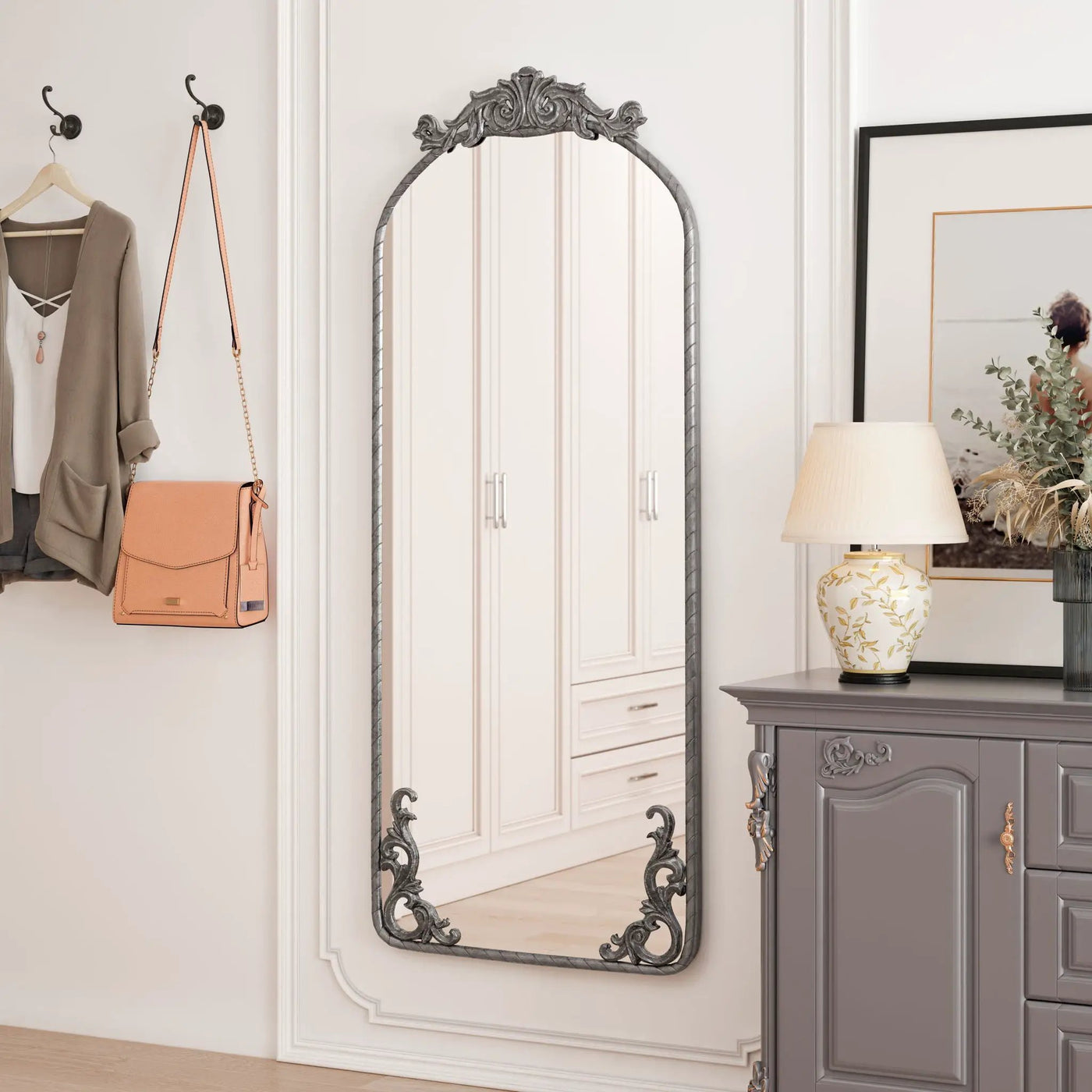 Full Body Arched Mirror With Vintage Carved Applique by Unique Piece Furniture