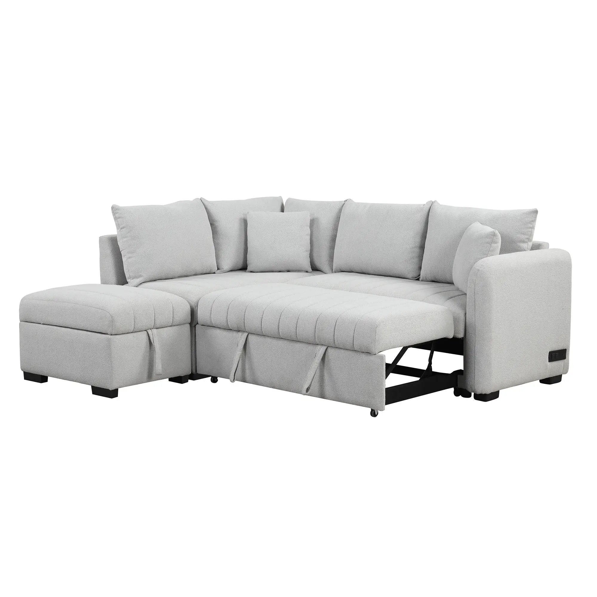 L-Shaped Sectional Pull Out Sofa Bed Sleeper Sofa With Two USB Ports, Two Power Sockets And A Movable Storage Ottoman by HouseOfZazla