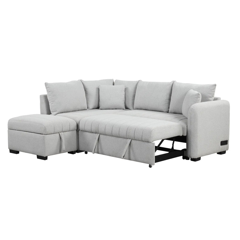 L-Shaped Sectional Pull Out Sofa Bed Sleeper Sofa With Two USB Ports, Two Power Sockets And A Movable Storage Ottoman by HouseOfZazla