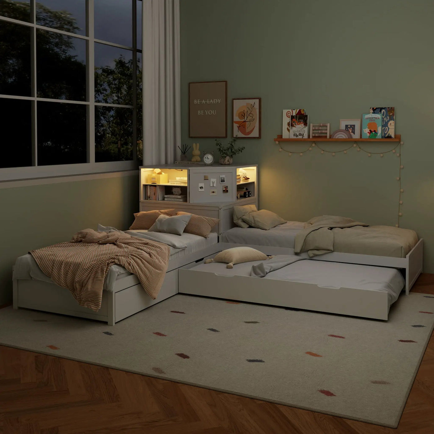 L-Shaped Bed Frame With Trundle, Built In Desk & LED Lighting by HouseOfZazla