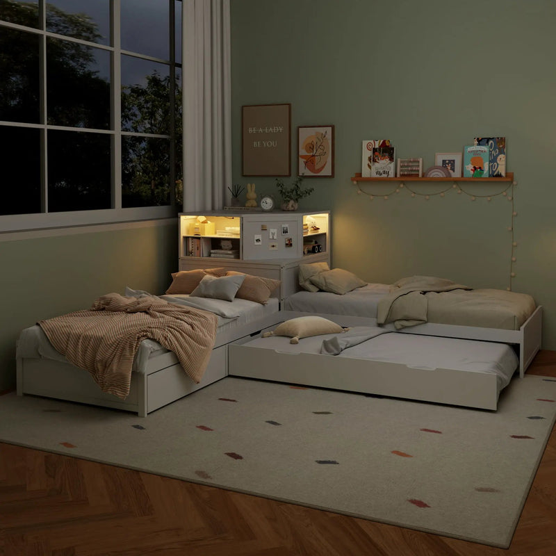 L-Shaped Bed Frame With Trundle, Built In Desk & LED Lighting by HouseOfZazla