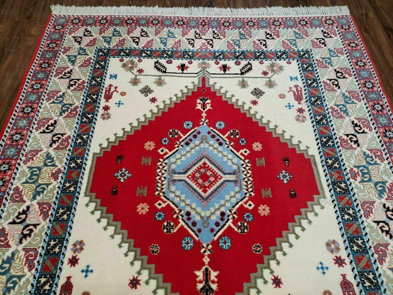 Vintage Moroccan Carpet 5x7 Area Rug, Berber Rug, Handmade Soft Wool Rug, Red Ivory and Blue, Geometric Medallion Rug, Bohemian Rug, Nice by Jewel Rugs