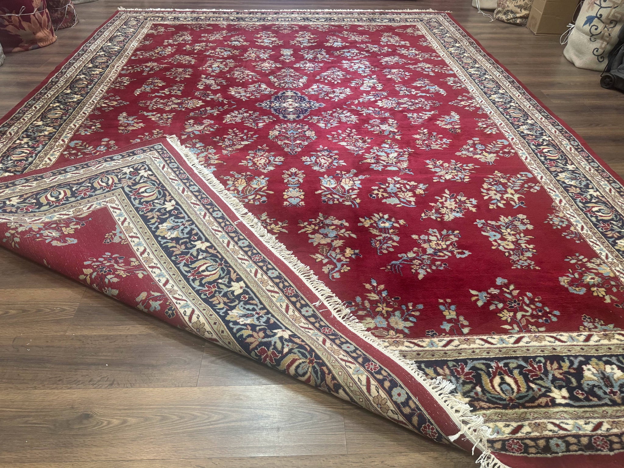 Indo Persian Sarouk Rug 10x14, Large Red and Navy Blue Carpet, Traditional Floral Wool Rug by Jewel Rugs