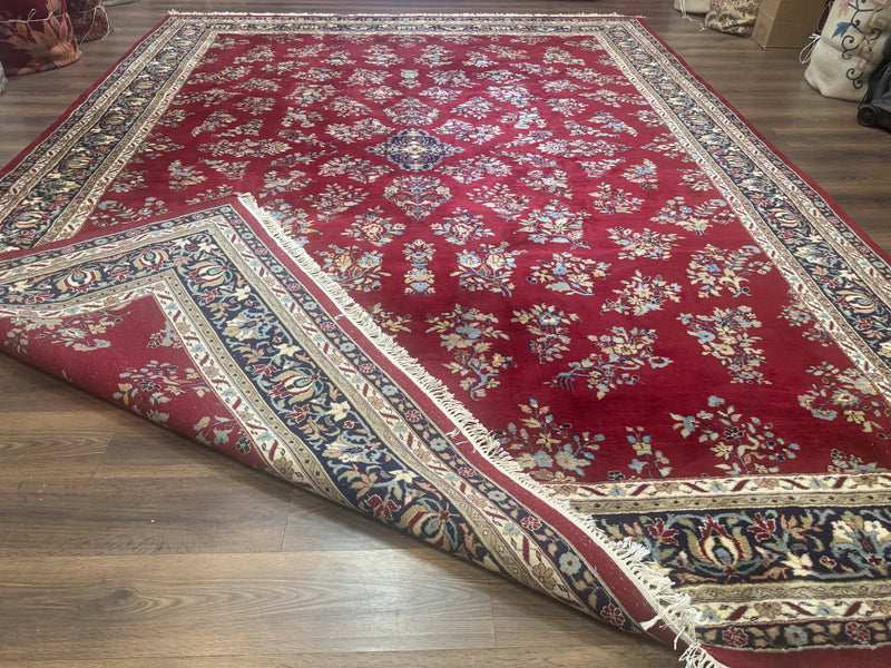 Indo Persian Sarouk Rug 10x14, Large Red and Navy Blue Carpet, Traditional Floral Wool Rug by Jewel Rugs