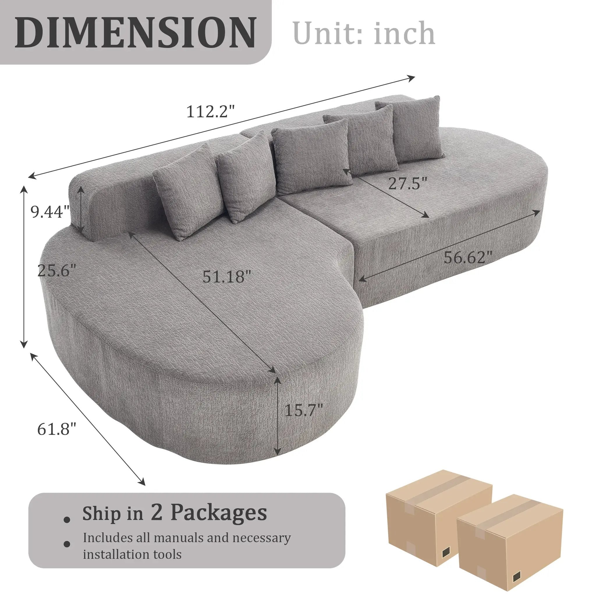 110.2" * 62" Boneless Sectional Curved Sofa with 5 Pillows by HouseOfZazla