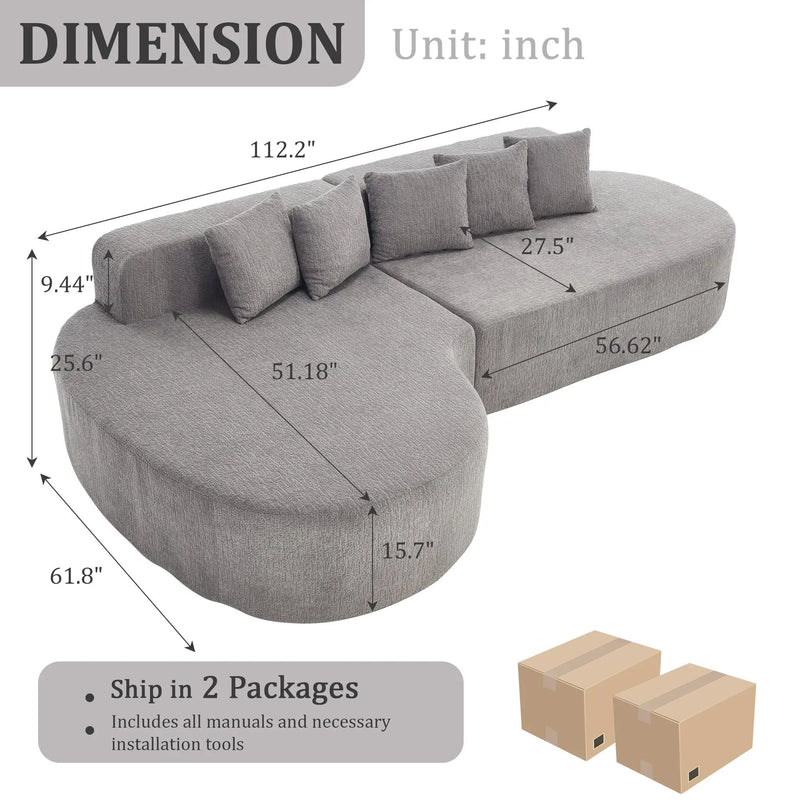 110.2" * 62" Boneless Sectional Curved Sofa with 5 Pillows by HouseOfZazla
