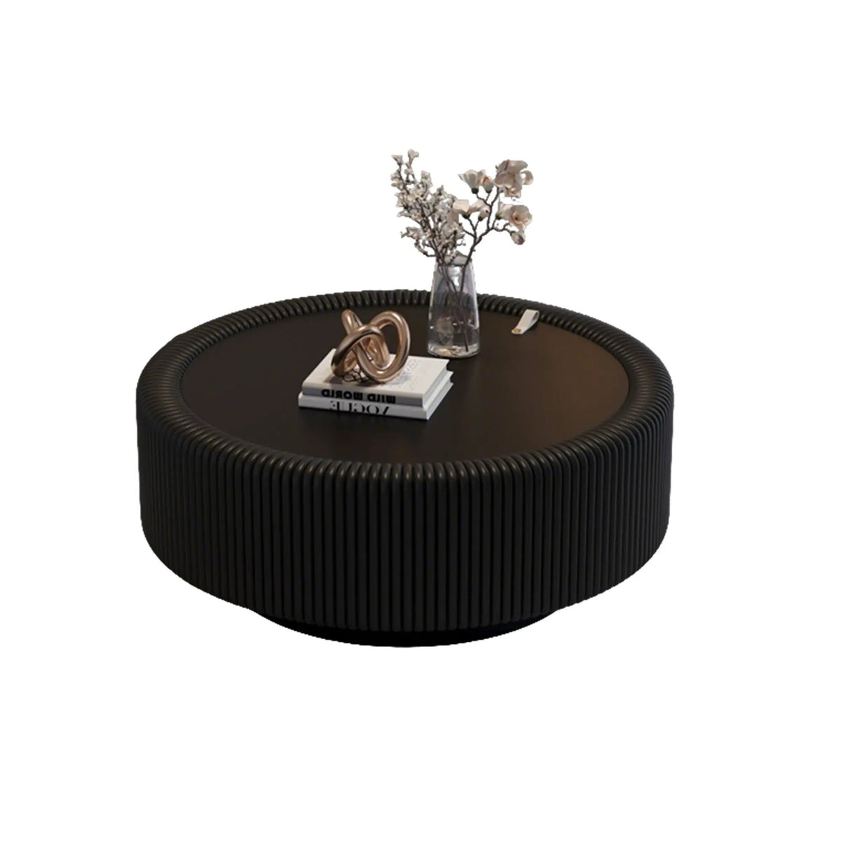 Black Round Fluted Coffee Table with Tempered Glass Top by HouseOfZazla
