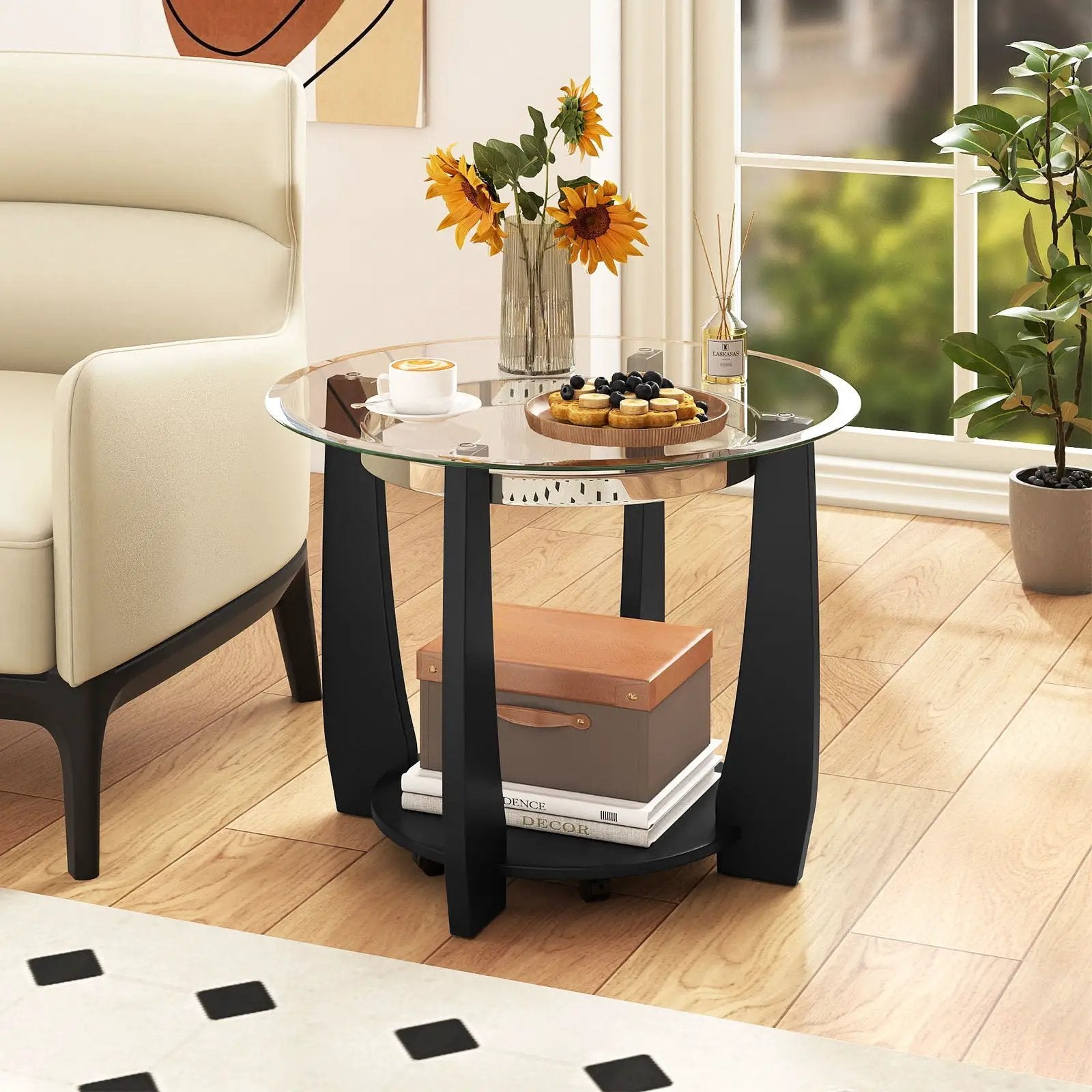 32" 2-Tier Glass Round Coffee Table with Storage Shelf by DirectDeals