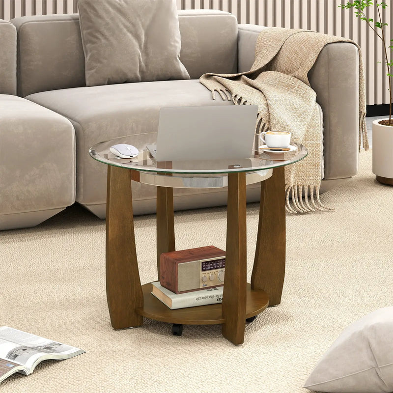32" 2-Tier Glass Round Coffee Table with Storage Shelf by DirectDeals