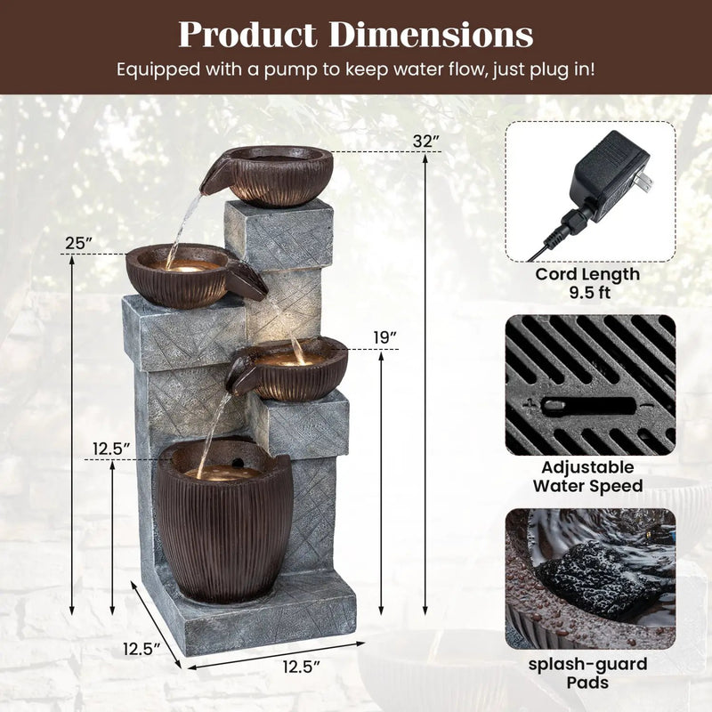 4-Tier Cascading Bowl Outdoor Water Fountain with LED Lights by DirectDeals