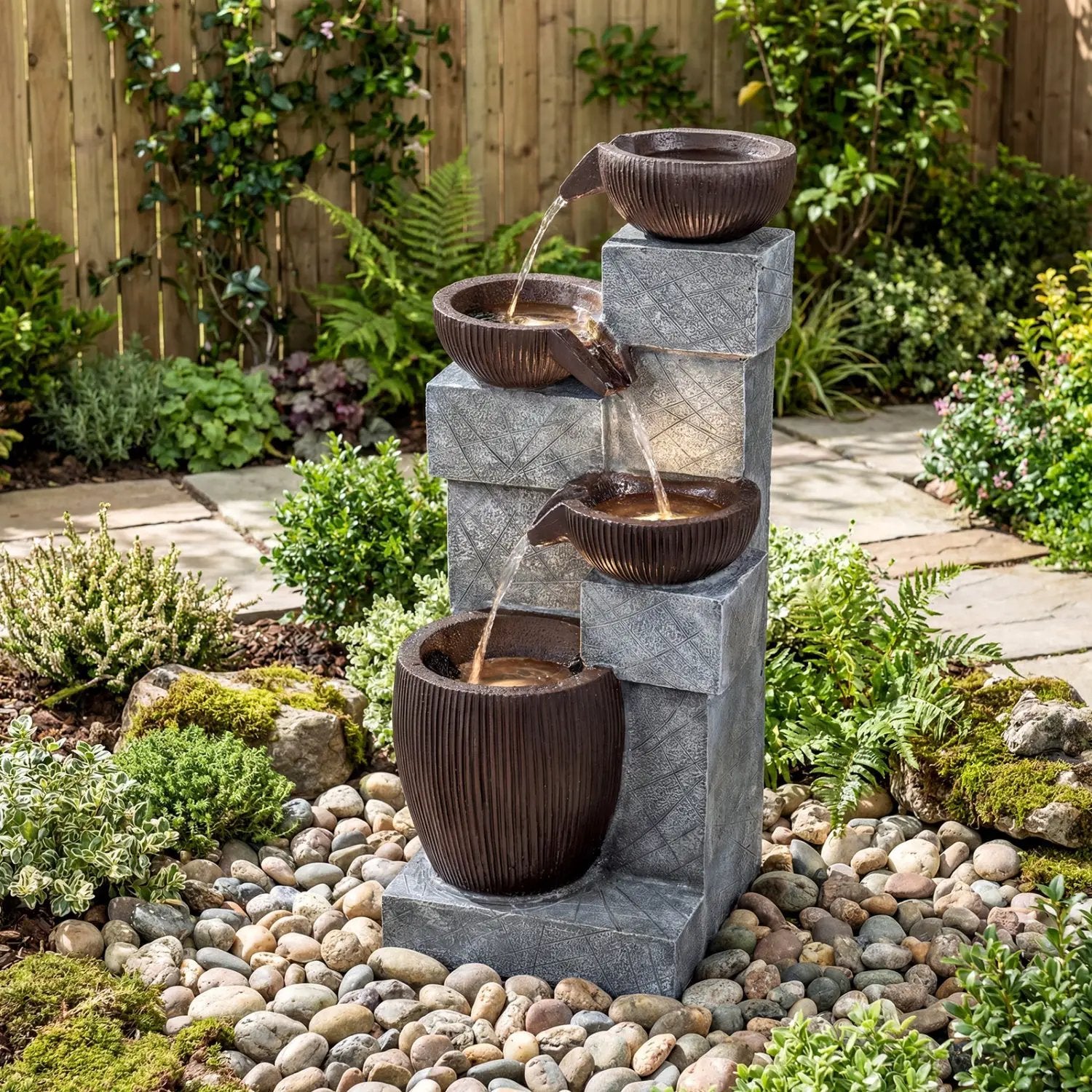 4-Tier Cascading Bowl Outdoor Water Fountain with LED Lights by DirectDeals
