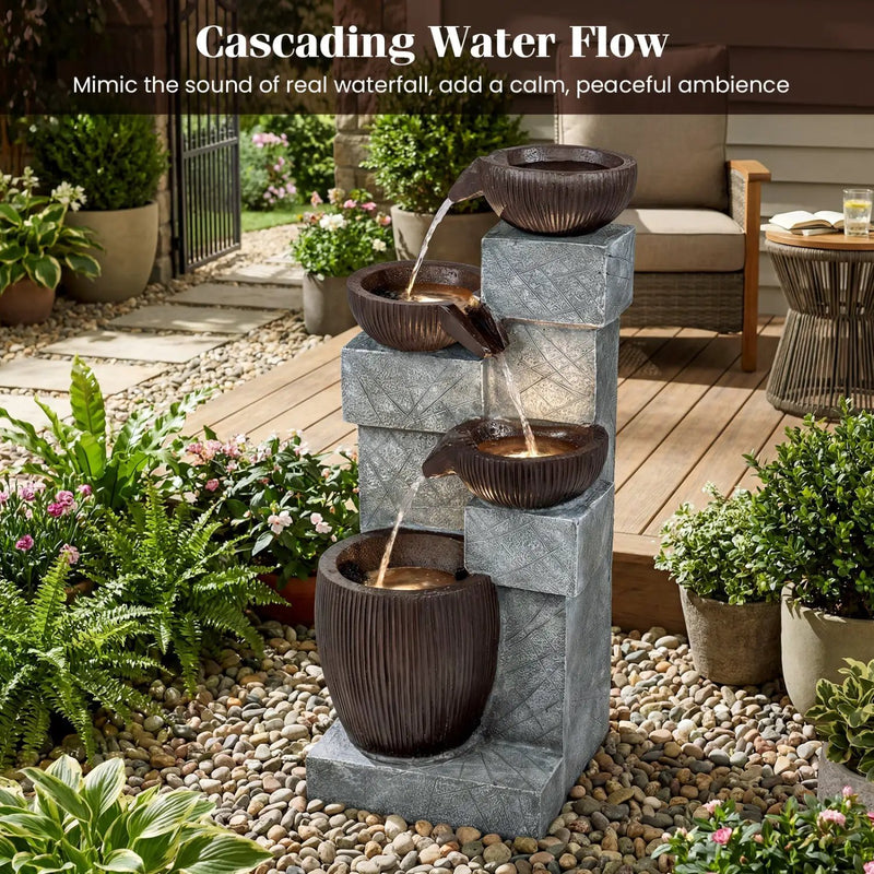 4-Tier Cascading Bowl Outdoor Water Fountain with LED Lights by DirectDeals
